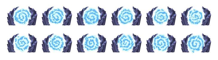 Animated cartoon portal. Magic teleport, rotating vortex spiral gate to another world and fantasy game sprite sheet of animation frames illustration set vector