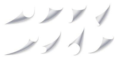 Curled paper corners. Page 3D bent with realistic shadow, curling stickers or document border effect set vector