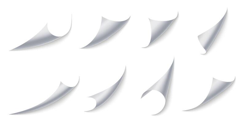 Curled paper corners. Page 3D bent with realistic shadow, curling stickers or document border effect set