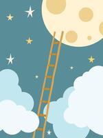 Ladder to moon. Starry night sky with stairs step by step, achieving impossible concept cartoon illustration vector