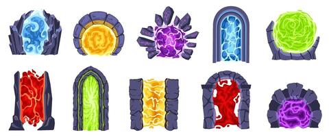 Cartoon portals. Fantasy game gate to another dimensions, magic teleport and stone arches between worlds isolated illustration set vector