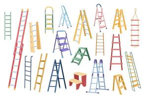 Cartoon ladder. Different types of stepladders, tall ladders for scaling new height isolated illustration set vector