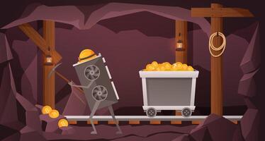 GPU Crypto mining. Graphic card miner worker character mining bitcoins, digital currency in mine cartoon Illustration vector