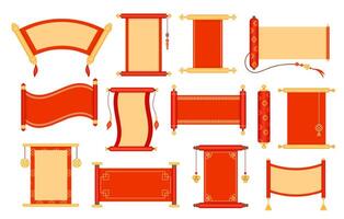 Chinese scrolls. Asian envelope card, traditional red hanging scroll decorative frame isolated set vector