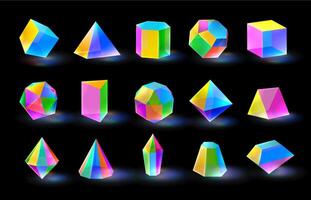 Multicolor diamond crystal shapes. Prism color glass prism different volumetric figures. Triangular, polygonal, and hexagonal crystals set vector