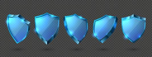 Glass shields. Invisible protection, transparent guard shield and crystal clear security or privacy award realistic 3D set vector