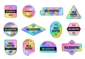 Holographic foil sticker. Holo emblem tags templates with iridescent color gradient, retro 90s vaporwave style labels set vector