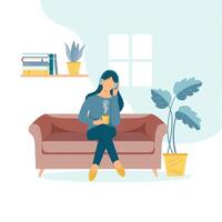 Womanl in headphones is sitting on the sofa and listening to music, podcast, audio. Flat illustration drawn in trendy style. vector