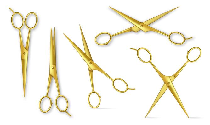 Realistic gold metal scissors. Closed and open stationery or hair salon golden scissor, barber tools top view isolated illustration set