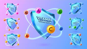 Vitamin shield. Multi-vitamin complex for health protection, label for vitamins A, B, C, D, E and K illustration set vector