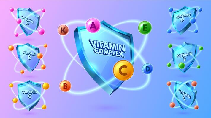 Vitamin shield. Multi-vitamin complex for health protection, label for vitamins A, B, C, D, E and K illustration set