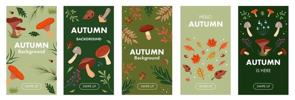 collection of autumn backgrounds with space for copying text. Bright banners, posters, design templates on social networks with leaves and mushrooms on green color background. vector
