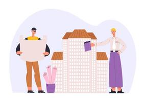 Architectural project workers. Men construction engineers holding blueprints. Team planning building, real estates vector