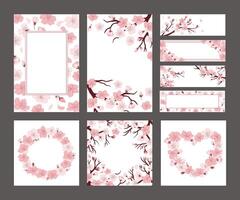 Cherry blossom banner layout. Sakura flowers on branches card template, Japanese spring decorative frames illustration set vector
