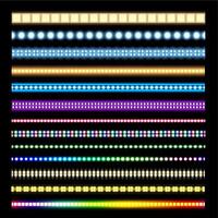 Light stripes. Glowing LED lights on tape, neon glow light effect and seamless garlands border set vector