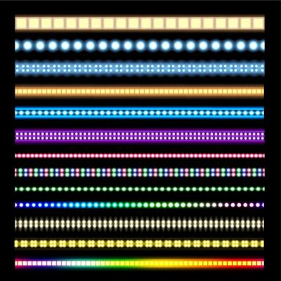 Light stripes. Glowing LED lights on tape, neon glow light effect and seamless garlands border set