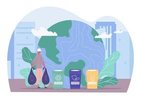 Concept waste sorting and save planet earth. Eco friendly activities, man holding bag and sorting baggage vector