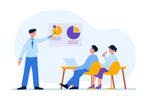 Business meeting presentation. Female and male characters sitting at desk with laptop and taking part in training vector