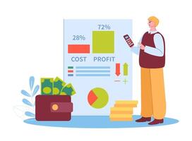 Employee analyzing graphs and charts, counting bill. Cartoon man office worker calculating cost and profit vector