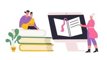 Online learning, digital workshop tutorials. Female and male students reading e-books on desktop computer vector