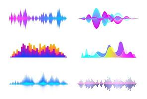 Colorful sound waves. Audio signal wave, color gradient music waveforms and digital studio equalizer set vector