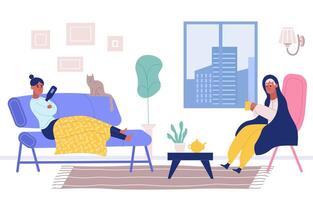 Sick people suffering from flu, cold at home. Woman lying on sofa and taking temperature with thermometer vector