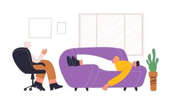 Psychotherapy help individual and therapy consultation session. Male patient lying on sofa and having consultation vector