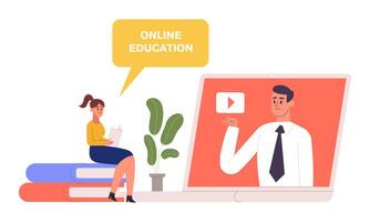 Online learning, workshop tutorials. People learning by reading books illustration. Laptop with virtual tutorial vector
