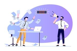 Time management concept. Manager shouting at loudspeaker for male employee. Anxious man hurrying to meet deadline vector
