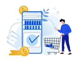Online store payment. Man ordering products in internet via application. Man going with cart and taking products vector