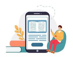 Online library, ebook reading, studying in internet. Man sitting on chair and holding smartphone with textbook. E-learning concept vector