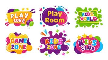 Kids entertainment badges. Cartoon colorful banners with balloons, splashes and start for playroom or game zone vector