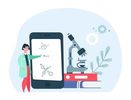 Medicine online education concept. Cartoon female scientist in uniform standing near big smartphone with formulas and microscope vector