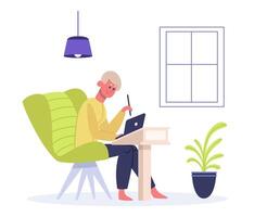 Freelance worker sitting in armchair and working with laptop. Web designer working remotely at home. Man employee vector