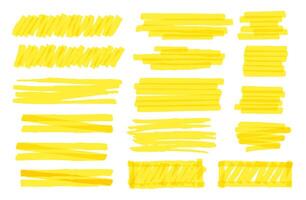 Yellow marker stroke lines, markers stripes. Highlighter for text, hand drawn elements to underline pen. Bright lines vector