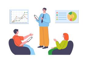 Financial advisor. Analyzing corporate or personal budget, calculate expenses and income. Man presenting audit data vector