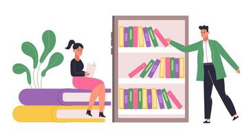People studying and reading library books. Woman sitting on pile of textbooks. Cartoon boy using online application for learning vector