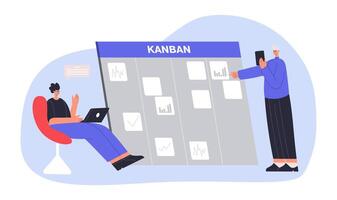 Kanban board concept. Cartoon two male employees working together and creating plan. Assigning tasks for team vector