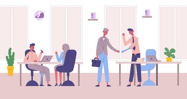 Handicapped people working in office. Inclusive workplace with people with disabilities. Men with hand and leg prosthesis vector