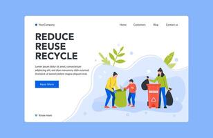 Reduce reuse and recycle trash landing page. Protecting environment from pollution. People collecting litter vector