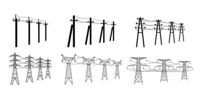 Energy distribution towers. High voltage power lines, utility pylons with electrical cable and powerline wires poles illustration set vector