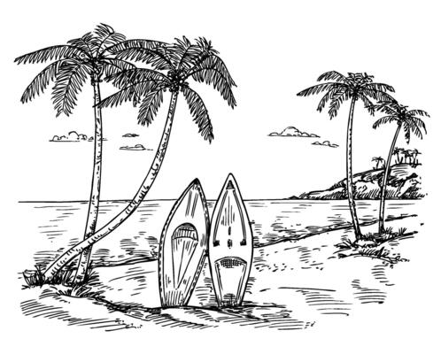 Hand drawn surf paradise. Sketch palm trees, surfboard and tropical beach background illustration