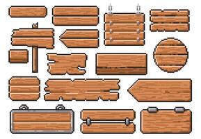 Pixel art wooden signs. Old road guidepost pointer, 8 bit wood style banner and app interface frames template set vector