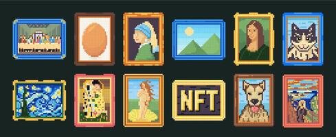 Pixel art framed paintings. Pixelated picture, 8-bit drawing image and digital art gallery illustration set vector