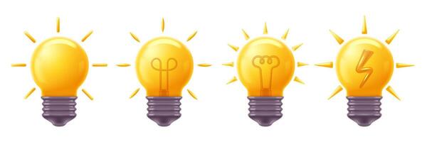 Light bulb 3D icons. Shiny bright idea or innovative solution symbol, electric energy and yellow bulbs set vector