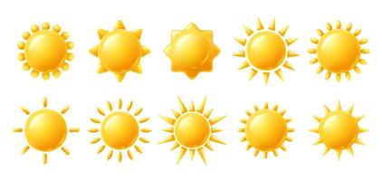 Sun 3D icons. Yellow brightness symbol, sun with rays shape, clear sunny day and hot temperature weather illustration set vector