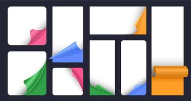 Color curled corner frames. Peeling sticker effect with turn page fold corners, banner background templates set vector