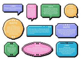 Pixel art speech bubble. Dialogue boxes, retro 8 bit arcade game style quotes and UI message frames template set vector
