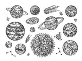 Sketch solar system planets. Hand drawn comet, moon, star, galaxy and space objects illustration set vector