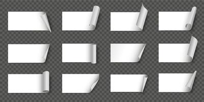 Paper stickers with curled corner. White tape with turned up bent corner, note label with rolled edge template set vector